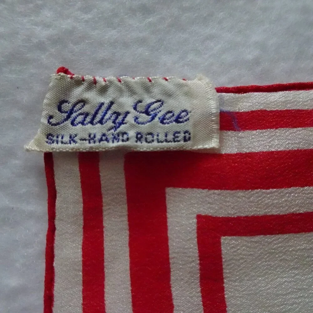 Vintage Silk Sally Gee Scarf 16 x 16 White Red Man & Woman Art Deco Theme
